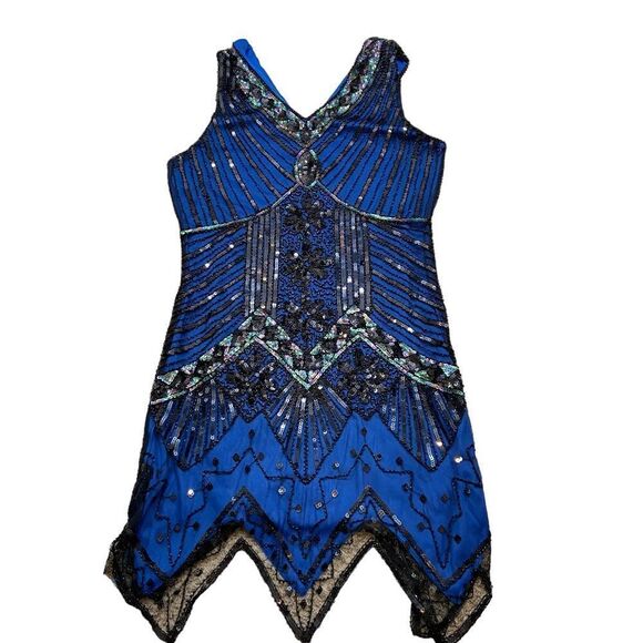 Dresses & Skirts - Blue and Black Sequin‎ V Neck Knee Length Dress Flapper Style Size Medium